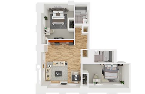 Floor plan for 2 beds, 2 baths, 1005 sqft